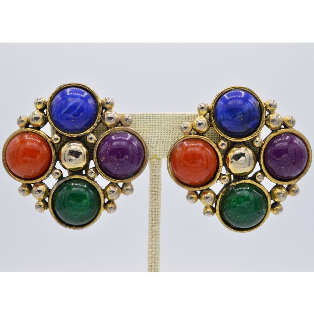Dauplaise Vintage Cabochon Clip On Earrings Multi-Color Chunky Signed 1980s 9C